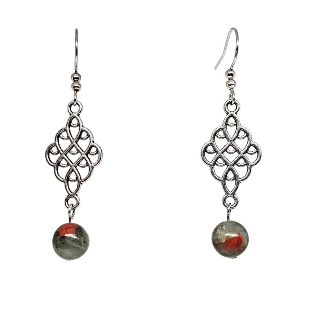 Handmade Bloodstone Chalcedony Gemstone Beads Silver Diamond Shaped Boho Earring